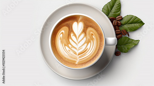 Top View of Coffee Cup with Leaf Latte Art and Coffee Beans photo