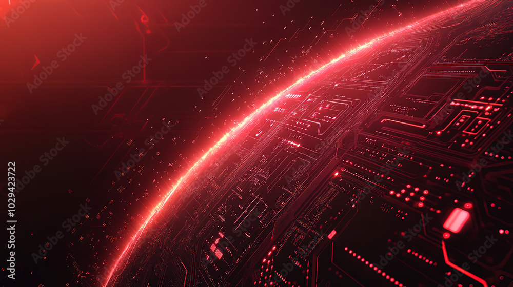 Fototapeta premium Abstract red digital background with glowing lights and planet surface, a futuristic tech concept banner for business technology or data network design in space