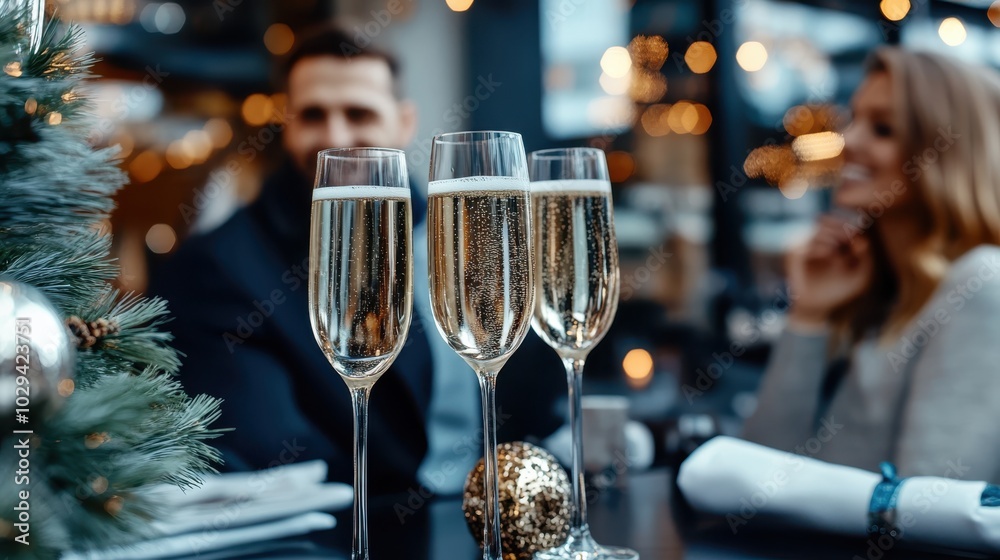 A couple enjoying drinks at a table surrounded by festive holiday decor and lighting, surrounded by elegant ambiance, suggesting warmth and togetherness during holidays. A couple enjoying drinks at a table surrounded by festive holiday decor and lighting, surrounded by elegant ambiance, suggesting warmth and togetherness during holidays.