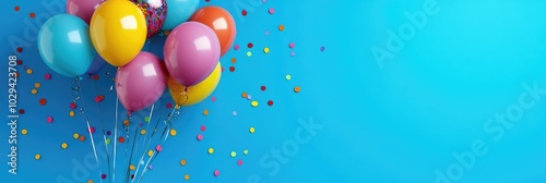 Group of Vibrant Balloons and Confetti on Blue Background. Festive Decorations for Parties, Birthdays, and Celebrations