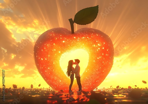 there is a woman standing in front of a giant apple photo