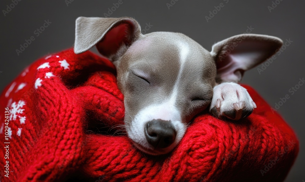 an Italian Greyhound puppy curled up in a red Christmas stocking an Italian Greyhound puppy curled up in a red Christmas stocking