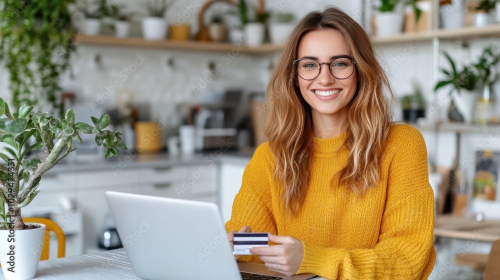 A cheerful woman uses her laptop for online shopping, holding a credit card with a bright smile, surrounded by homey kitchen plants and modern decor. A cheerful woman uses her laptop for online shopping, holding a credit card with a bright smile, surrounded by homey kitchen plants and modern decor.