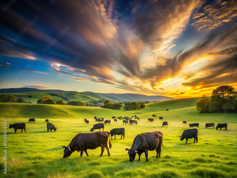 Long Exposure of Black Angus Cattle in Serene Pastureland at Dusk Long Exposure of Black Angus Cattle in Serene Pastureland at Dusk