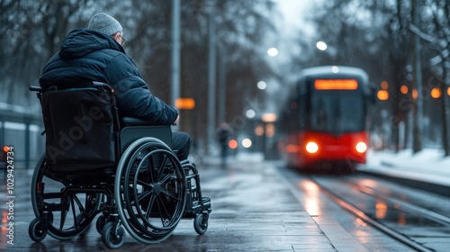 A person in a wheelchair waits at a snowy tram stop, surrounded by a wintry urban landscape, exemplifying accessible public transport in diverse weather conditions.