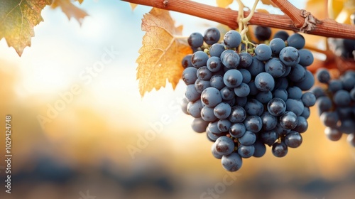 Rich blue-black grape bunches hang from a vine with autumn leaves, beautifully framed against a warm, picturesque sunset, symbolizing the bounty of fall. photo