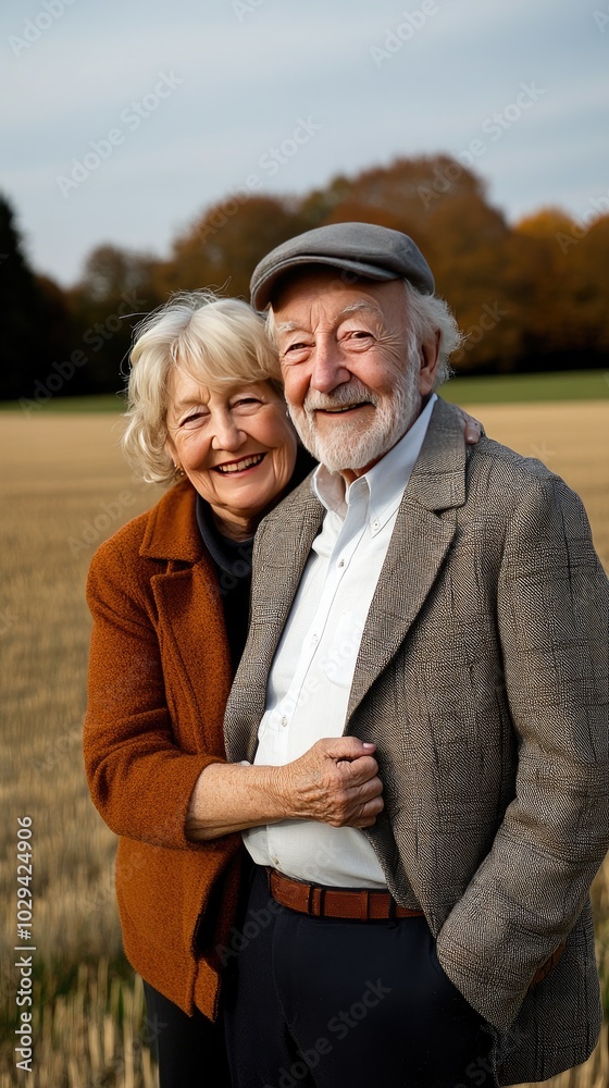 Sunlit embrace of an elderly couple in a serene field as they share smiles and warmth, capturing timeless love on a bright day Sunlit embrace of an elderly couple in a serene field as they share smiles and warmth, capturing timeless love on a bright day