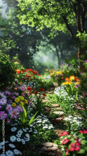 Lush green garden with a variety of blooming flowers, 4K hyperrealistic photo