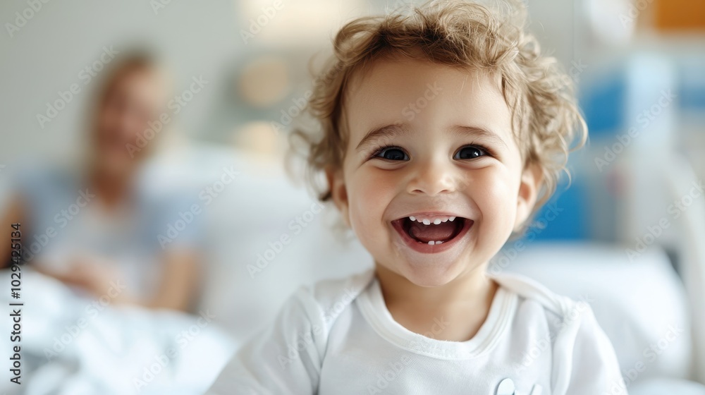 A joyful baby with curly hair smiles happily while wearing a white shirt, capturing a moment of pure innocence and delight in a simple, ambient setting.