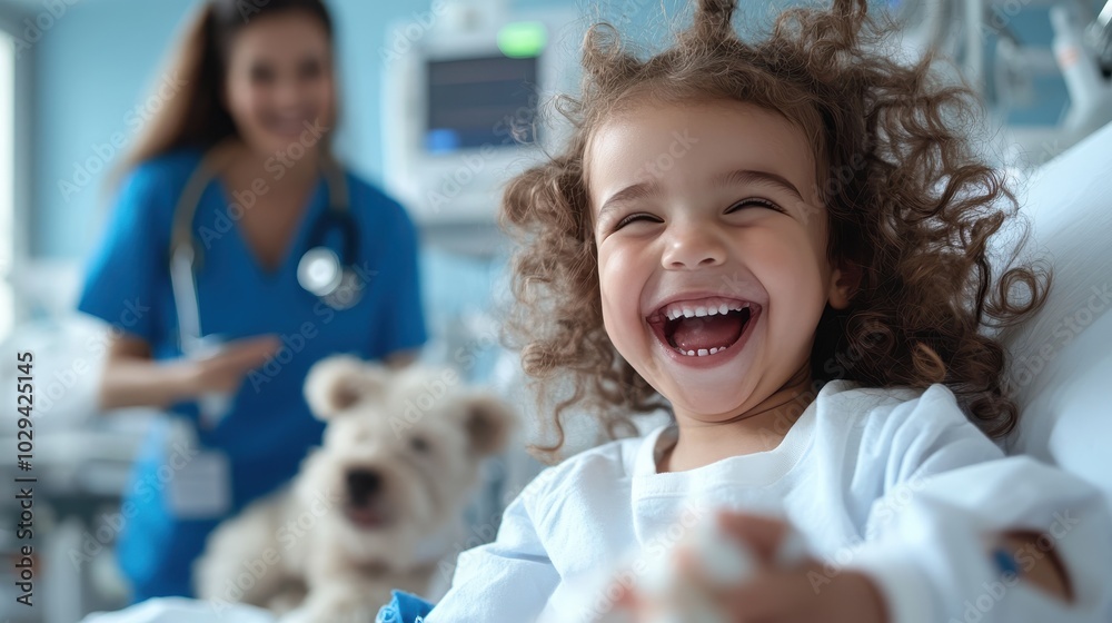 A child with lively curly hair laughs joyfully in a hospital room, showcasing resilience, happiness, and positivity, while a healthcare worker looks on smilingly. A child with lively curly hair laughs joyfully in a hospital room, showcasing resilience, happiness, and positivity, while a healthcare worker looks on smilingly.