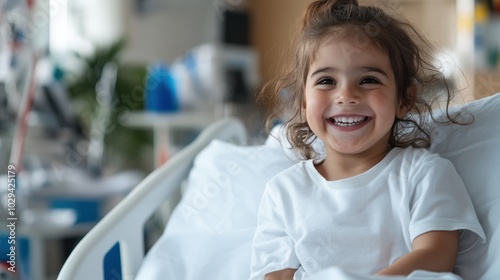 A cheerful child with a bright smile lies in a hospital bed, showcasing resilience and positivity during recovery in a medical setting filled with hope and care. photo