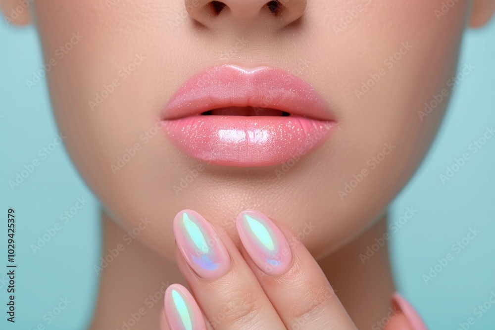 Glossy pink lips with pastel holographic nails, close-up on a soft blue background, minimalistic composition with copy space. Elegant beauty concept for fashion and nail designs.
Glossy pink lips with pastel holographic nails, close-up on a soft blue background, minimalistic composition with copy space. Elegant beauty concept for fashion and nail designs.