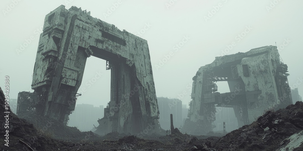 Fototapeta premium Eerie Dystopian Future: Nature Reclaims Technological Ruins in Cinematic Light