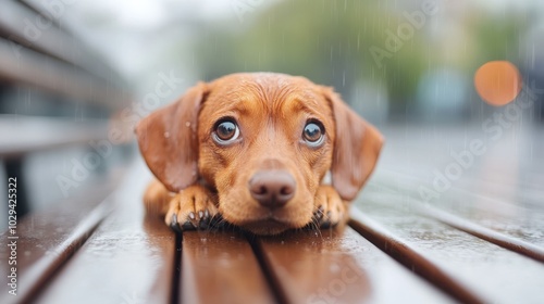 A cute brown puppy with big eyes lies on a wooden bench while it's raining, capturing an endearing and heartwarming moment. The scene conveys emotion and cuteness. photo