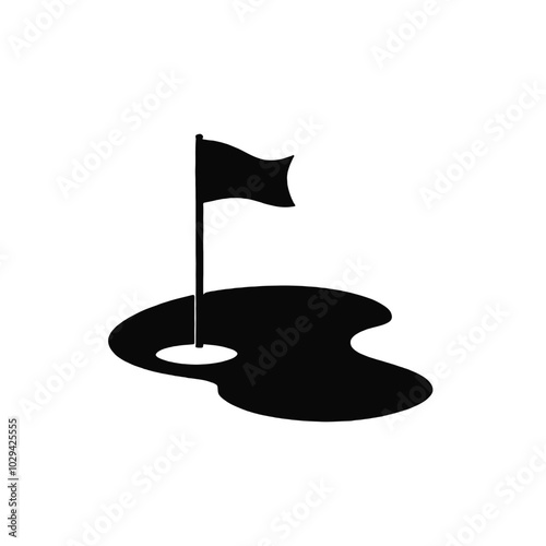 A black silhouette of a golf flag on a putting green 