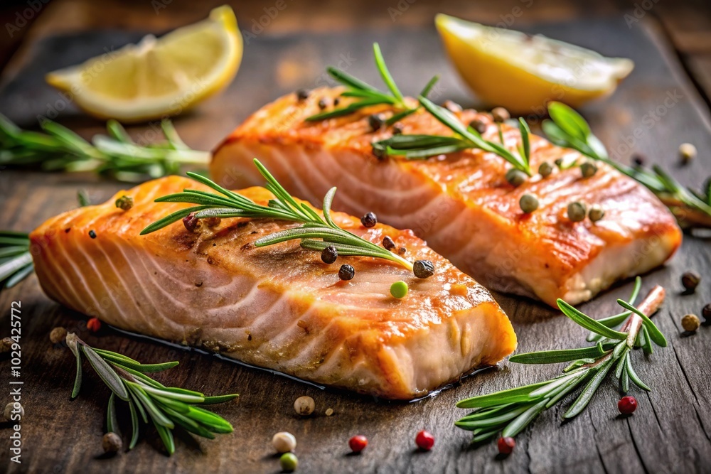 Reflected grilled salmon pieces topped with rosemary leaves Reflected grilled salmon pieces topped with rosemary leaves