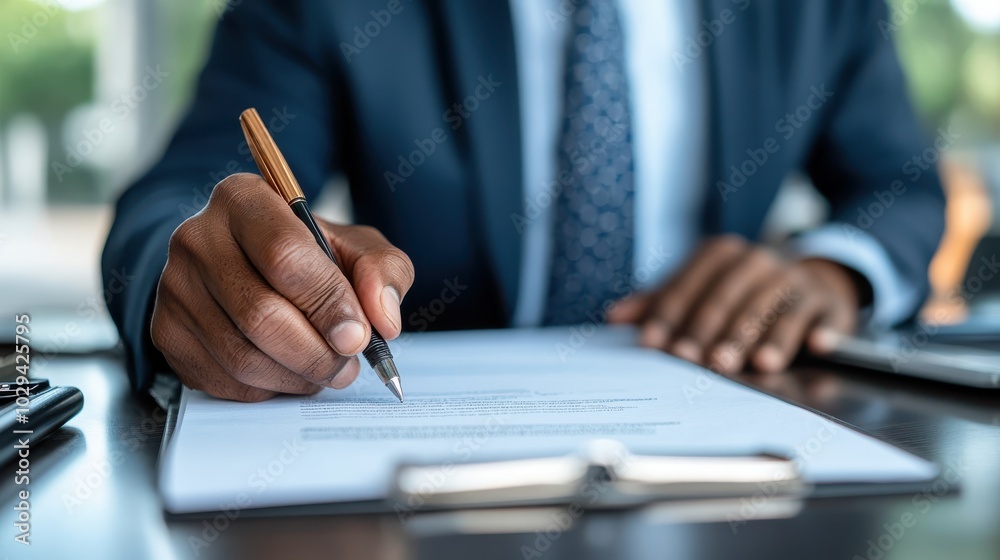 Suit-clad professional concentrates on signing document at desk, embodying precision, focus, and the meticulous nature of legal documentation processes. Suit-clad professional concentrates on signing document at desk, embodying precision, focus, and the meticulous nature of legal documentation processes.