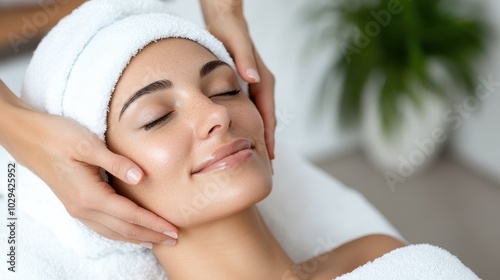 A serene woman with a towel head wrap enjoys a facial spa treatment, indicating relaxation and self-care in a calming and soothing spa environment.