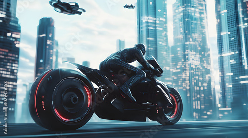 A sleek electric motorcycle zooming through a futuristic cityscape with towering skyscrapers and flying vehicles above. photo