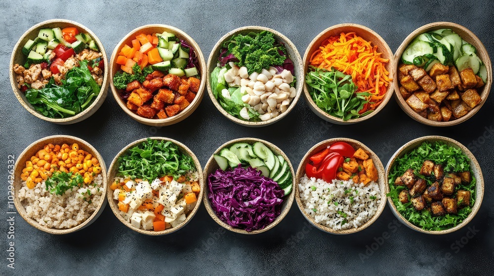 Flat Lay of Healthy Takeout Dishes with Fresh Salad and Buddha Bowl Flat Lay of Healthy Takeout Dishes with Fresh Salad and Buddha Bowl