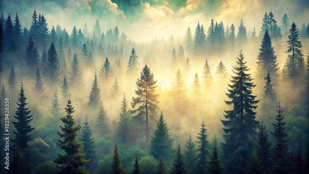 Obraz premium Reflected Misty Fir Forest Landscape in Vintage Retro Style Art