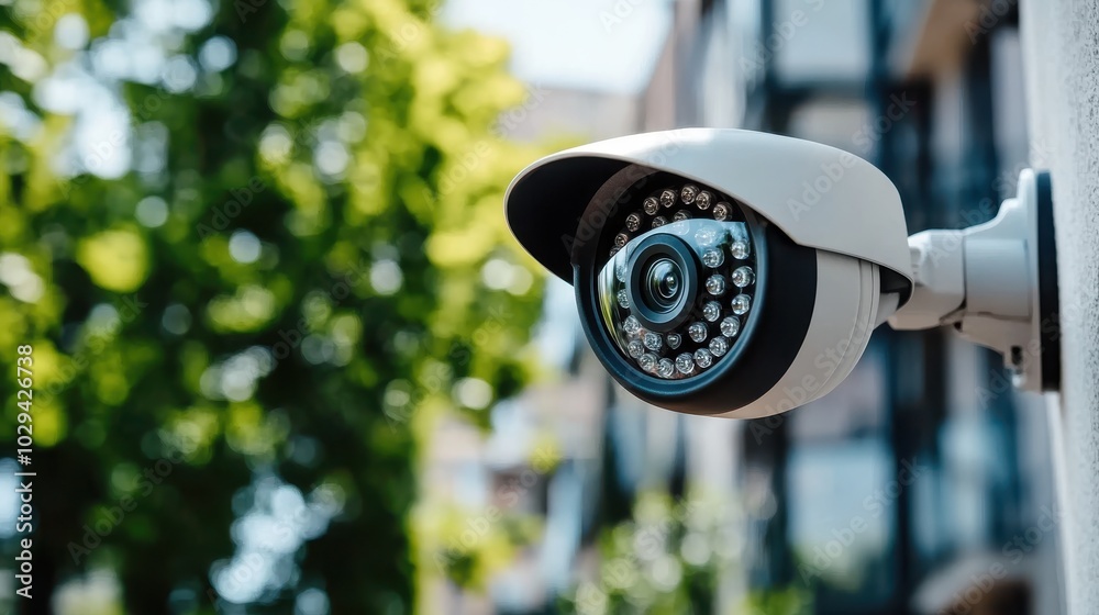 A bullet-shaped security camera is prominently featured, mounted on a wall in a city environment with greenery around, symbolizing vigilant urban safety measures. A bullet-shaped security camera is prominently featured, mounted on a wall in a city environment with greenery around, symbolizing vigilant urban safety measures.