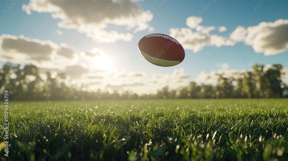 A rugby ball soaring through the air above a lush green field, captured during a sunny afternoon. A rugby ball soaring through the air above a lush green field, captured during a sunny afternoon.