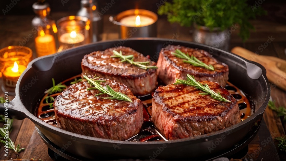 Beef steaks sizzling on a deep fryer, lightly melted butter with herbs. Beef steaks sizzling on a deep fryer, lightly melted butter with herbs.