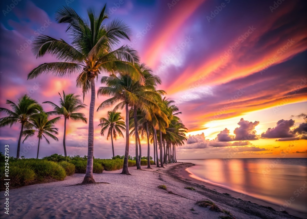 Obraz premium Long Exposure of Palm Trees on Key Biscayne Beach at Sunset