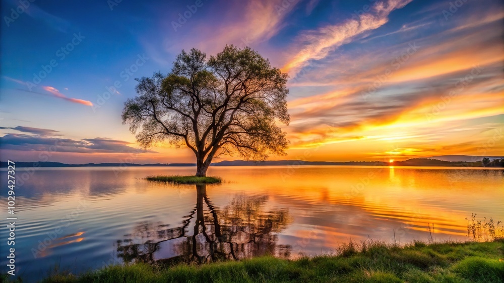 Reflected tree and lake at sunset Reflected tree and lake at sunset