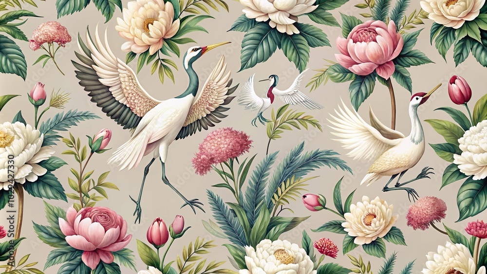 modern seamless pattern of peonies and cranes in vintage style panoramic modern seamless pattern of peonies and cranes in vintage style panoramic