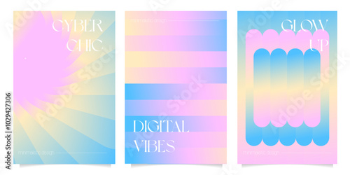 Abstract posters set. Gradient circles, Curve lines, stripes. Geometric Linear minimalist shapes. Bauhaus graphic design. Round figures. Simple modern art. Vector garish banner templates collection