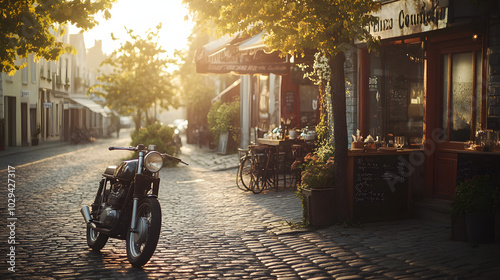 Fototapeta Naklejka Na Ścianę i Meble -  A vintage cafe racer parked in front of a small rustic cafe on a cobblestone street early morning light filtering through.