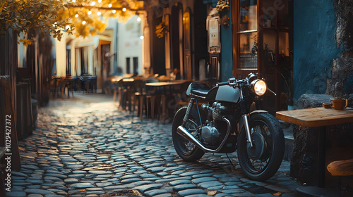 A vintage cafe racer parked in front of a small rustic cafe on a cobblestone street early morning light filtering through.