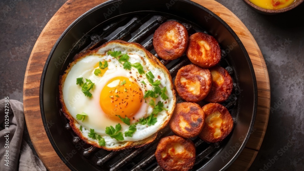 Leberkase with fried potatoes and fried eggs. Leberkase with fried potatoes and fried eggs.