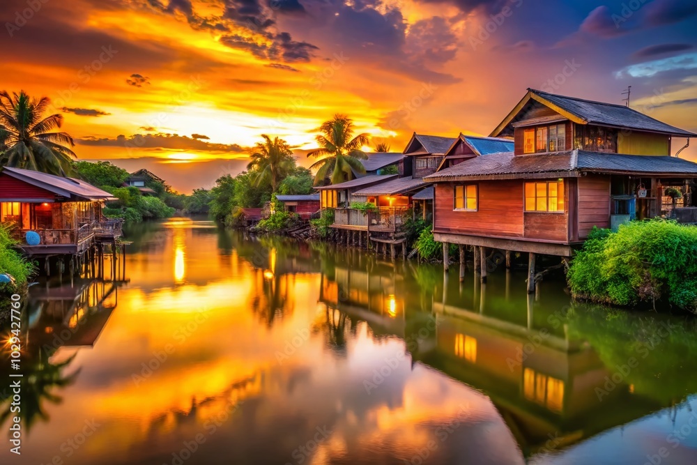 Long Exposure of Stilt Houses Along the River in Bangkok - Serene Waterway Views Long Exposure of Stilt Houses Along the River in Bangkok - Serene Waterway Views
