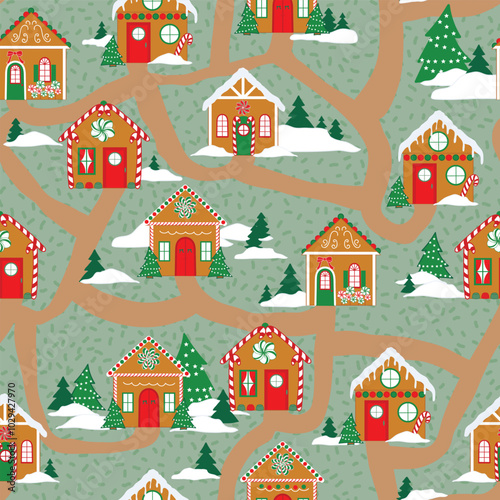 Gingerbread Houses in Traditional Red and Green on Textured Green background creating a seamless pattern print background