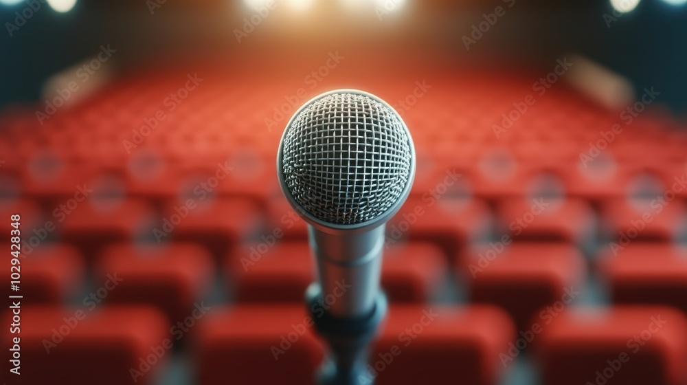 A microphone stands prominently in the foreground, focusing on versatility and expression, set against softly lit rows of empty red auditorium seats in anticipation. A microphone stands prominently in the foreground, focusing on versatility and expression, set against softly lit rows of empty red auditorium seats in anticipation.