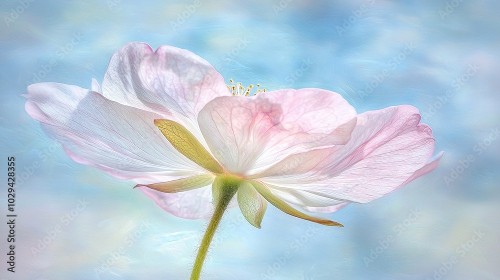   A pink close-up of a flower against a blue and white backdrop with a soft sky in the background