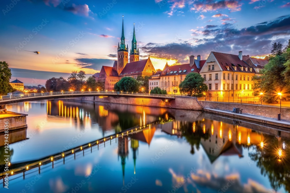 Long Exposure of Wroclaw Tumski Island at Dusk with Reflections in Water Long Exposure of Wroclaw Tumski Island at Dusk with Reflections in Water