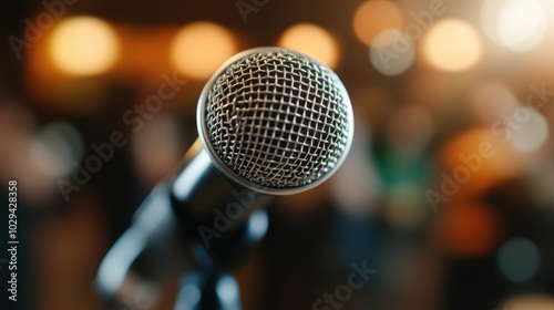 A close-up shot of a classic microphone against a softly blurred background filled with warm lights, capturing the essence of performance and focus.