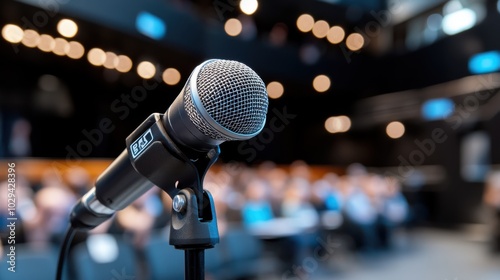 A microphone focused in the foreground with a blurred background audience at a conference or event, highlighting the role of sound in connecting and engaging.