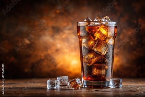 refreshing cola with ice cubes on brown background