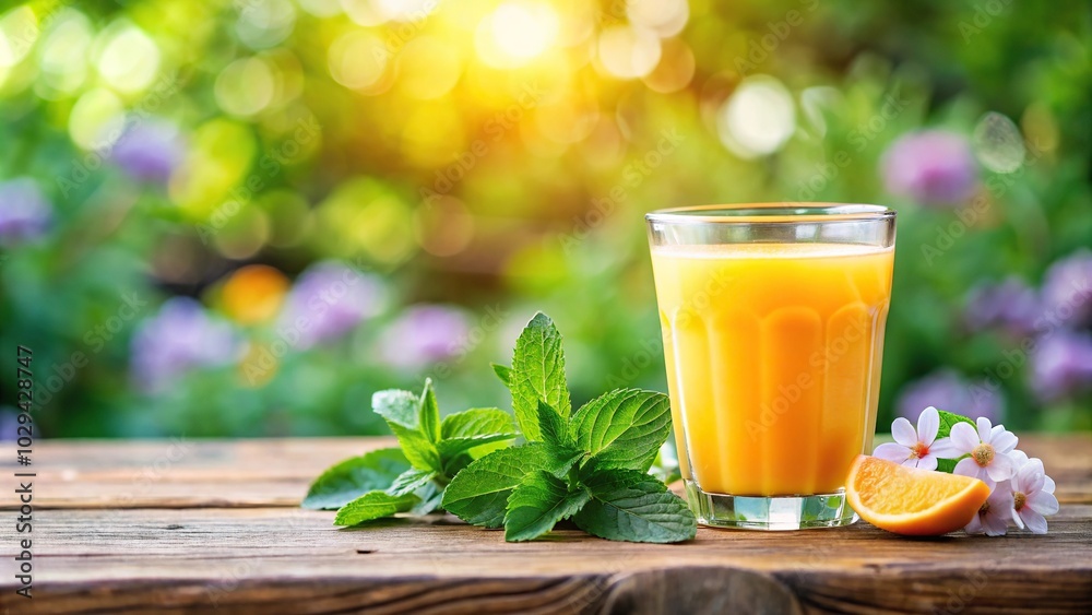 Fototapeta premium Refreshing glass of orange juice with mint leaves on wooden table in garden backdrop
