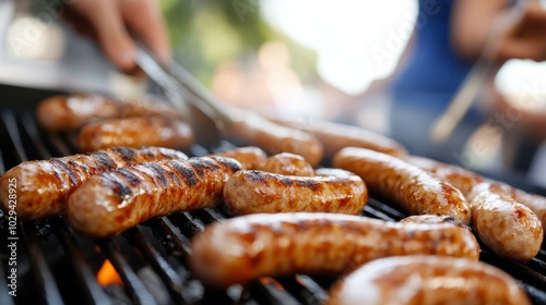 A detailed close-up view of sausages grilling with hands managing them using tongs, creating a tangible and flavorful cooking aura with visible heat.