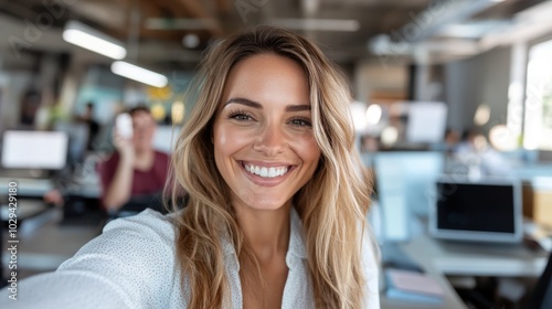 A joyful woman takes a selfie in a bustling office, capturing her radiant smile and candid moment, representing engagement and connectivity in a vibrant workspace.