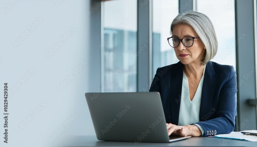 Serious busy mature middle aged professional business woman, older lady manager executive leader wearing glasses looking at laptop using computer in office working on digital project sitting at desk. Serious busy mature middle aged professional business woman, older lady manager executive leader wearing glasses looking at laptop using computer in office working on digital project sitting at desk.