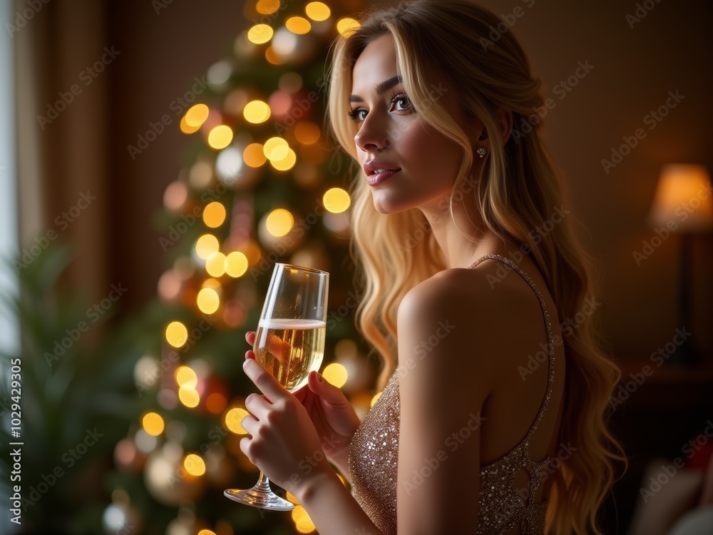 A young woman holding a glass of champagne in festive attire near a beautifully decorated Christmas tree A young woman holding a glass of champagne in festive attire near a beautifully decorated Christmas tree