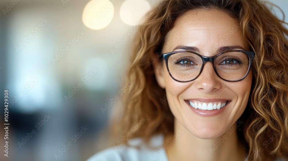 A woman warmly smiling in an office setting, with stylish curly hair and glasses, exuding confidence, intelligence, and congeniality. Perfect for professional contexts. A woman warmly smiling in an office setting, with stylish curly hair and glasses, exuding confidence, intelligence, and congeniality. Perfect for professional contexts.