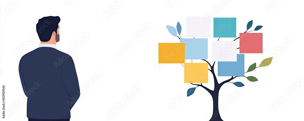 Obraz premium A man stands thoughtfully in front of a conceptual tree representing ideas and growth, perfect for presentations or creative brainstorming.